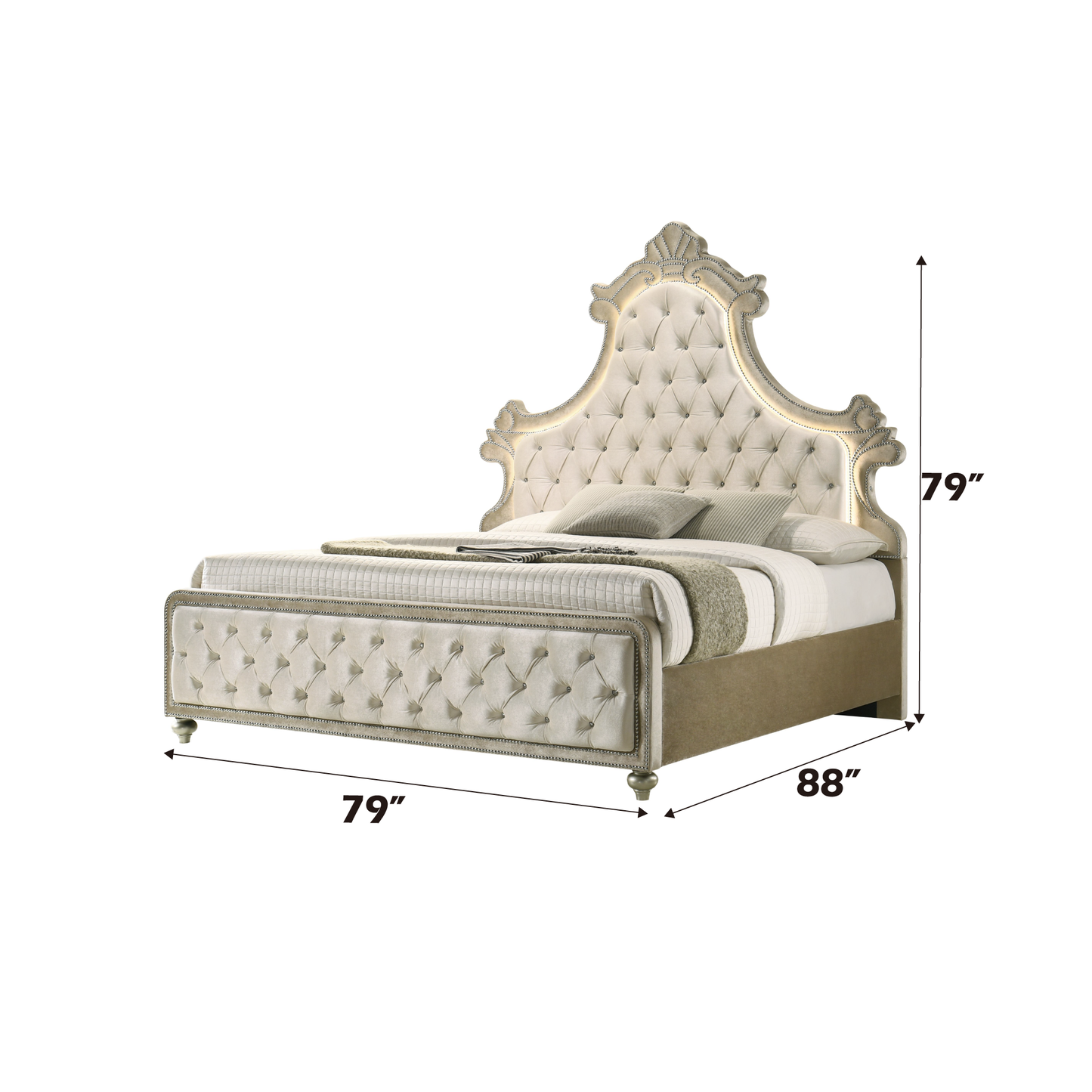Elegant Beige Velvet Bed with LED Lighting and Tufted Headboard