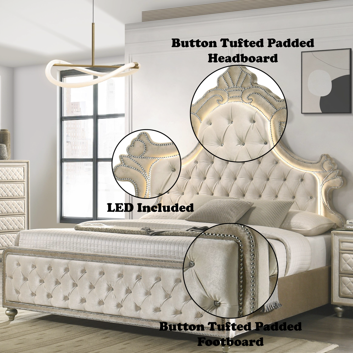 Elegant Beige Velvet Bed with LED Lighting and Tufted Headboard