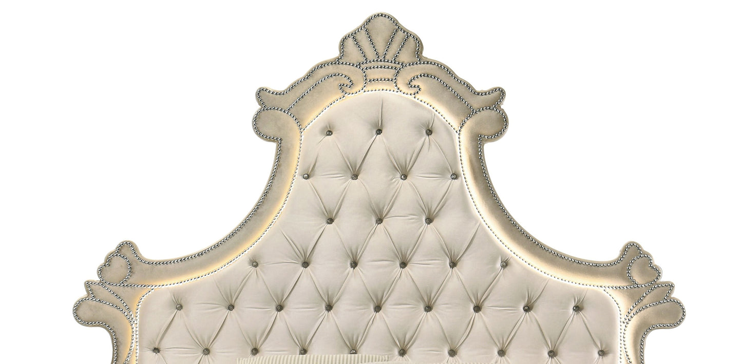 Elegant Beige Velvet Bed with LED Lighting and Tufted Headboard