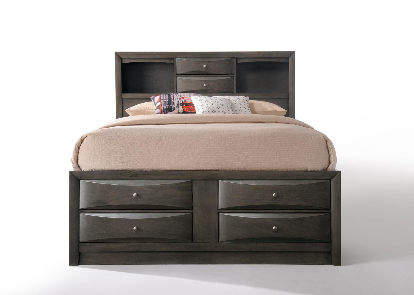 Maximize Space with Gray Oak Queen Bed with Storage and Bookshelf