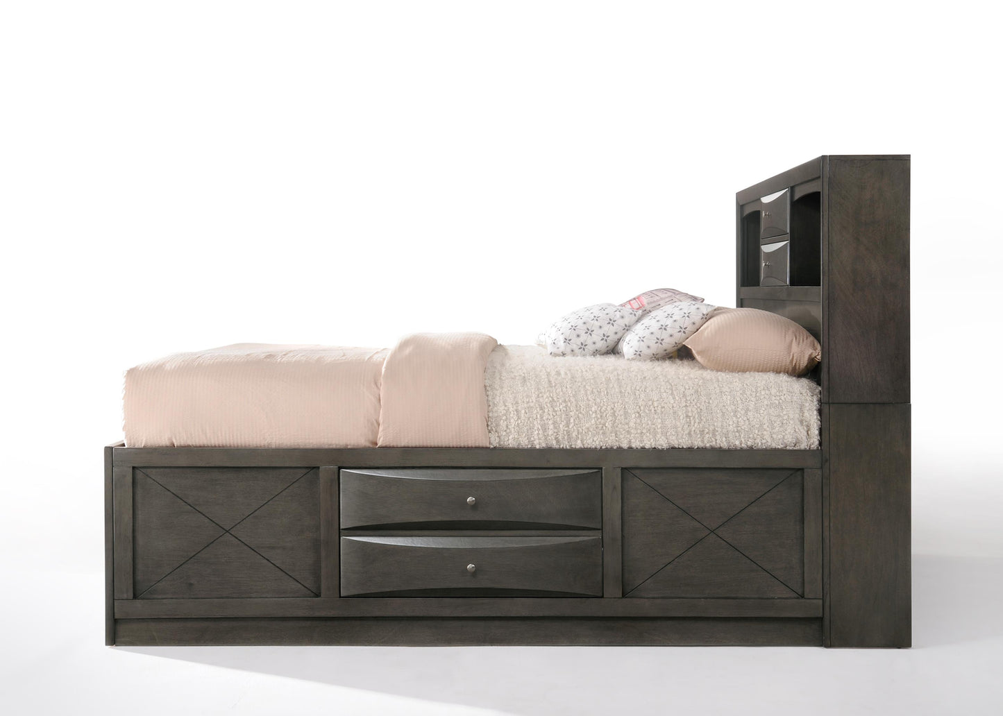 Maximize Space with Gray Oak Queen Bed with Storage and Bookshelf