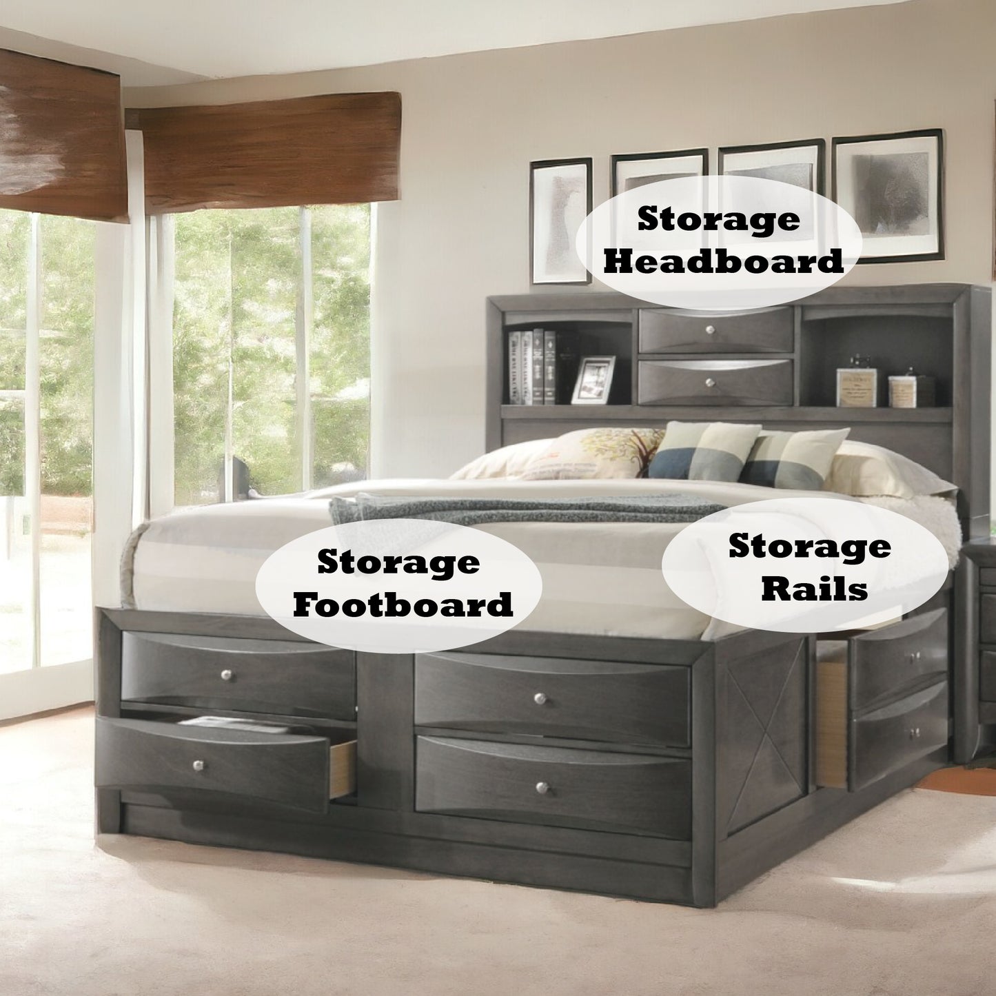 Maximize Space with Gray Oak Queen Bed with Storage and Bookshelf