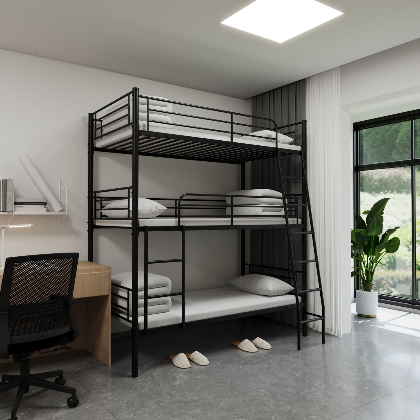 Black metal triple bunk bed with white bedding and a ladder