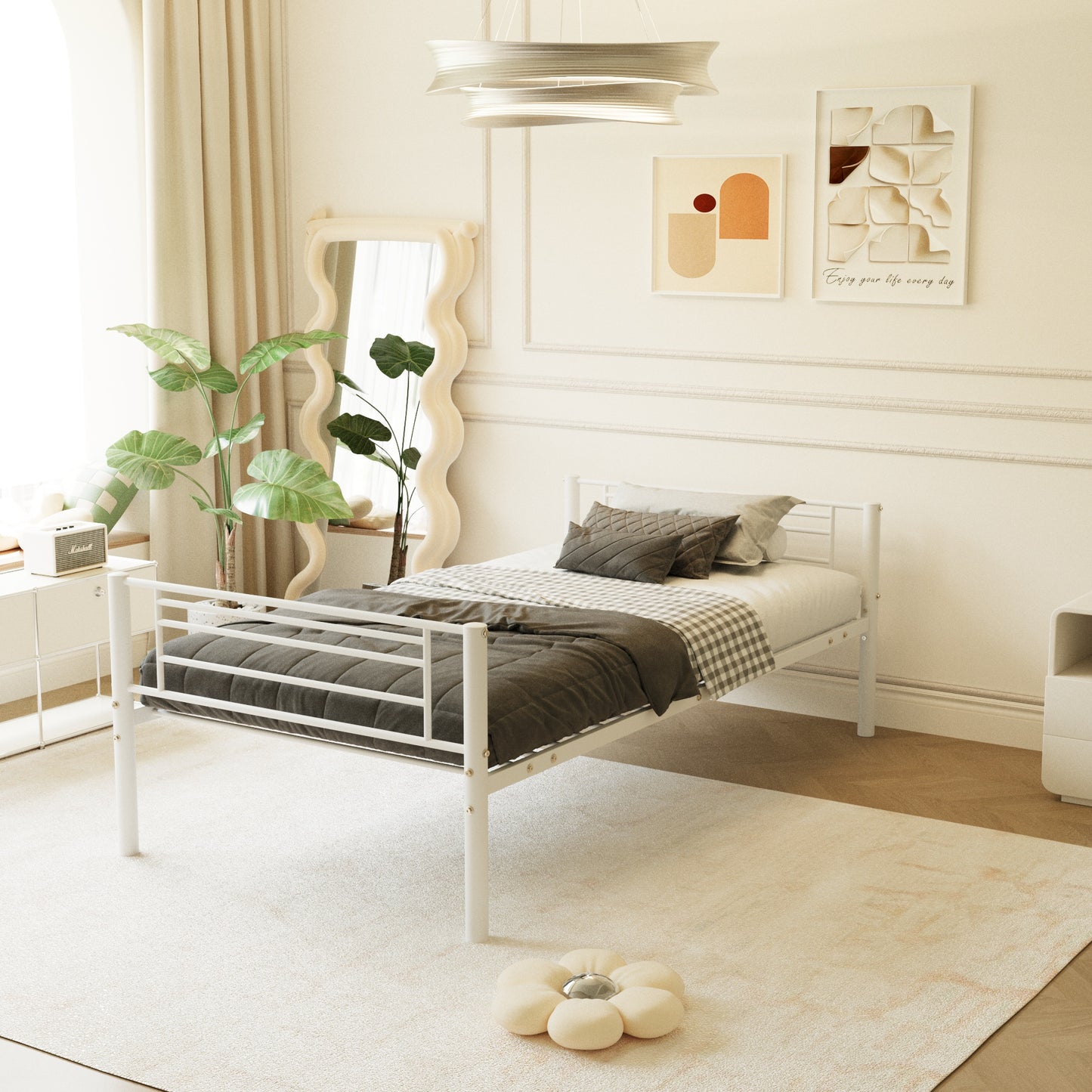 Space-Saving Triple Bunk Bed with Metal Frame - White