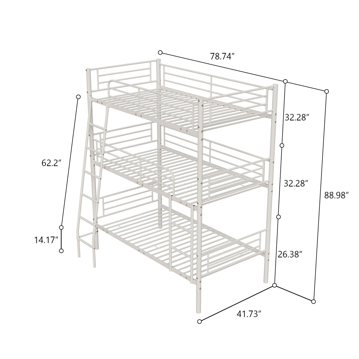 Space-Saving Triple Bunk Bed with Metal Frame - White