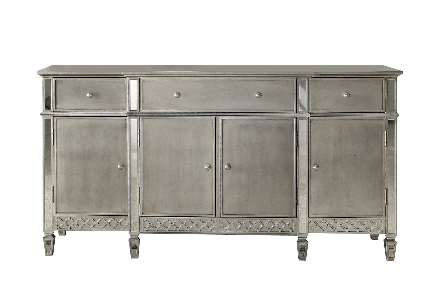Elegant silver buffet cabinet with mirrored accents and ornate legs