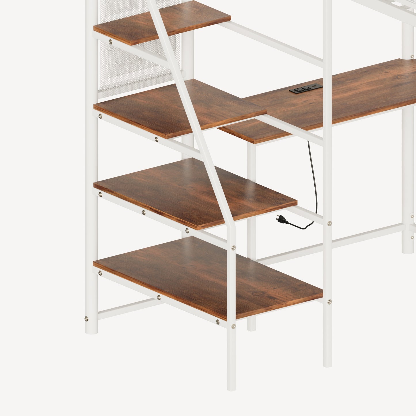 Twin Size Loft Bed with Desk and LED Lighting, White