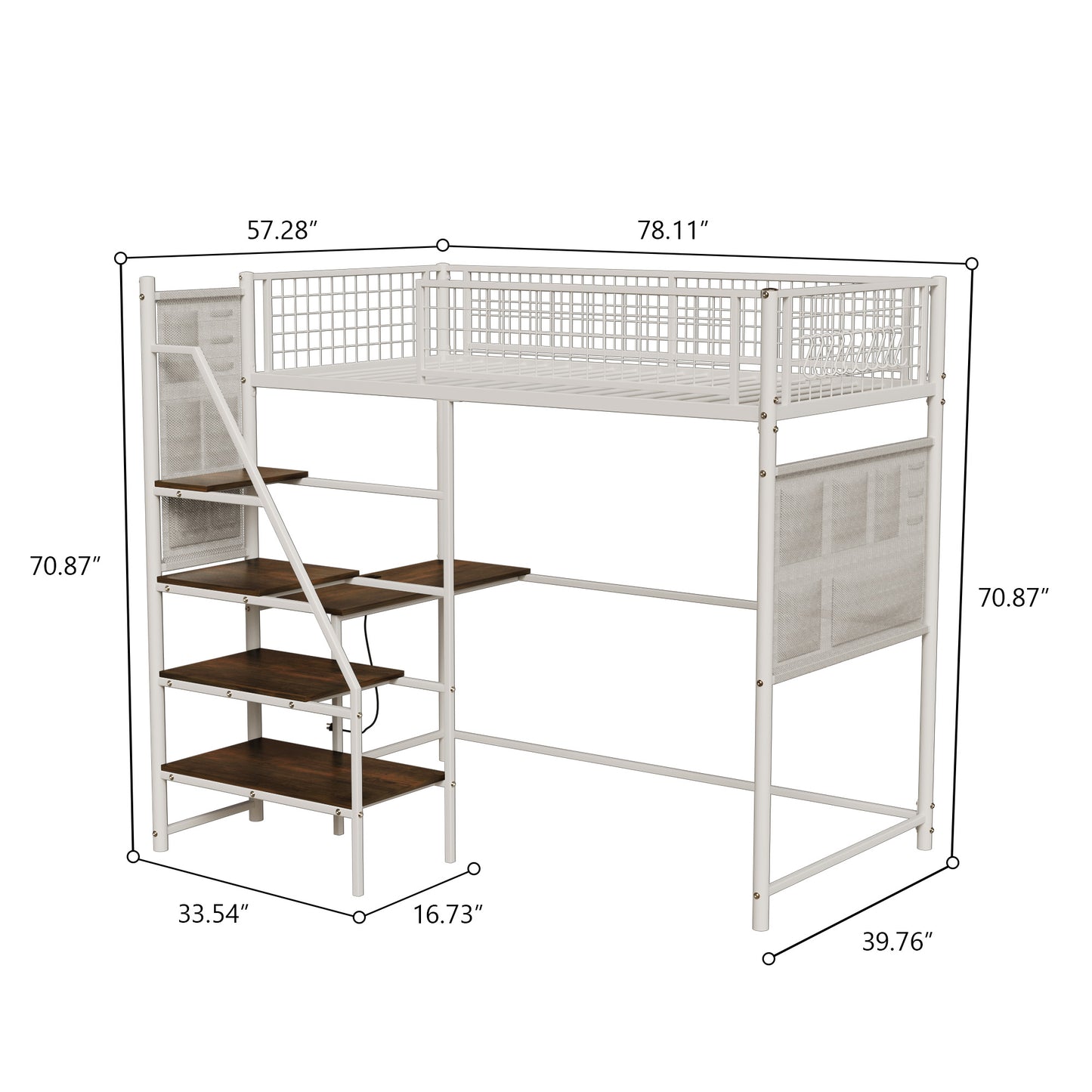 Twin Size Loft Bed with Desk and LED Lighting, White