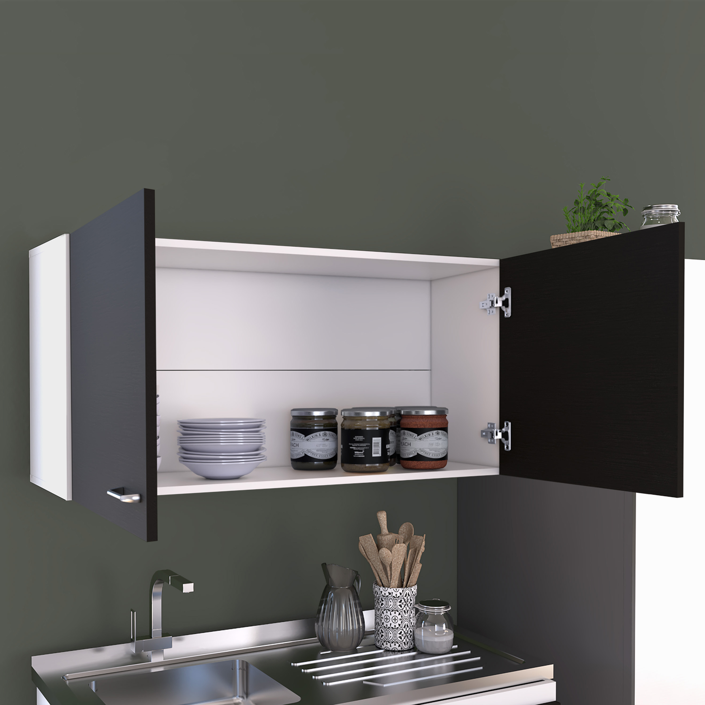 Modern twodoor kitchen cabinet with dark wood finish offering ample storage for kitchenware