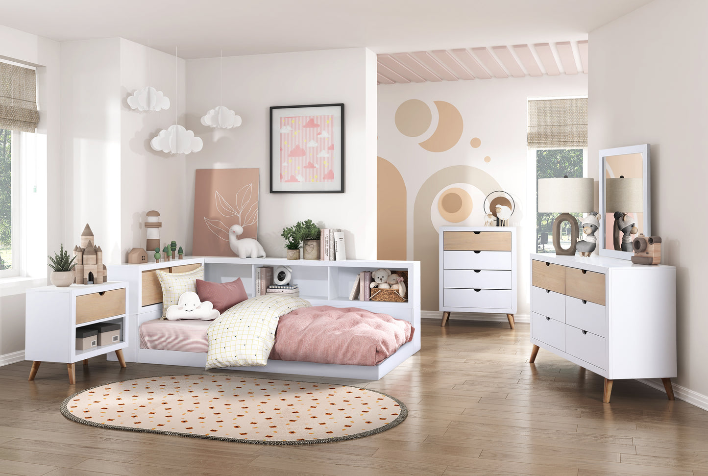 Space-Saving Twin Bed with Bookcase Headboard and USB Ports - White Finish