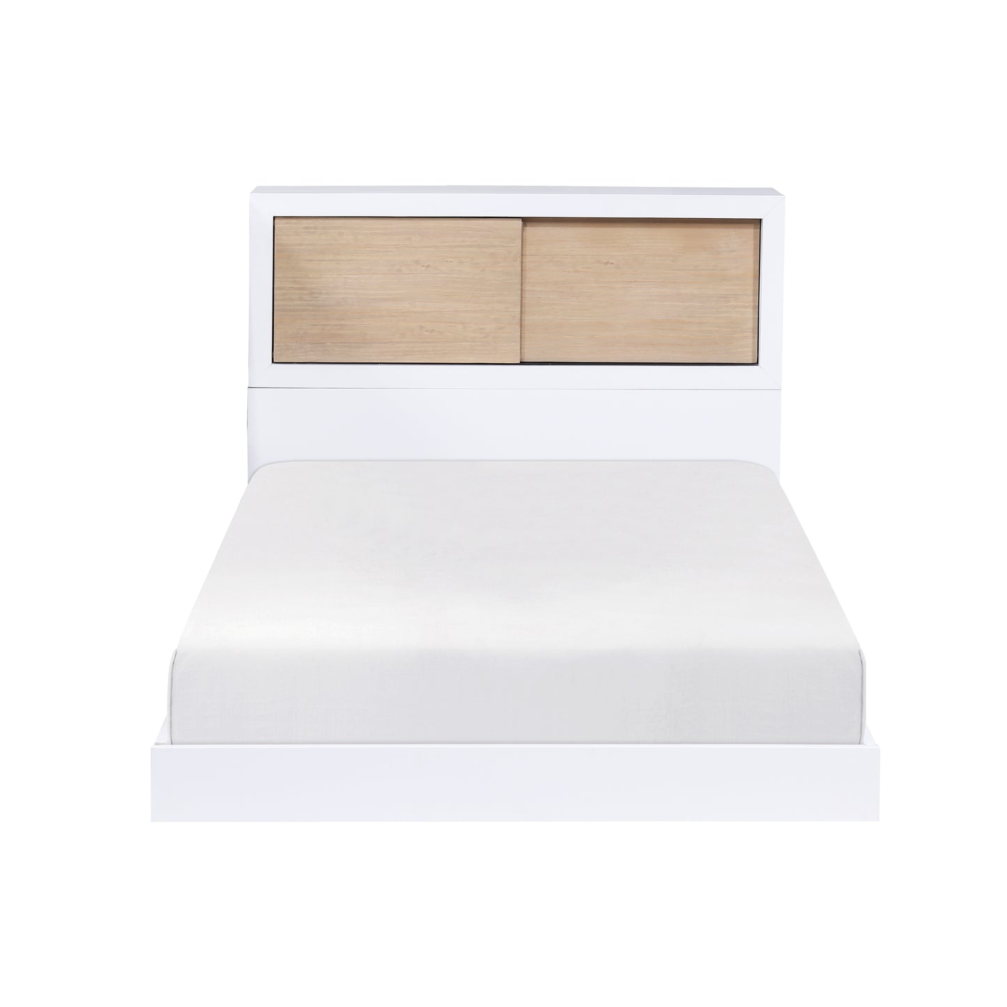 Modern white wooden platform bed with natural wood headboard panels