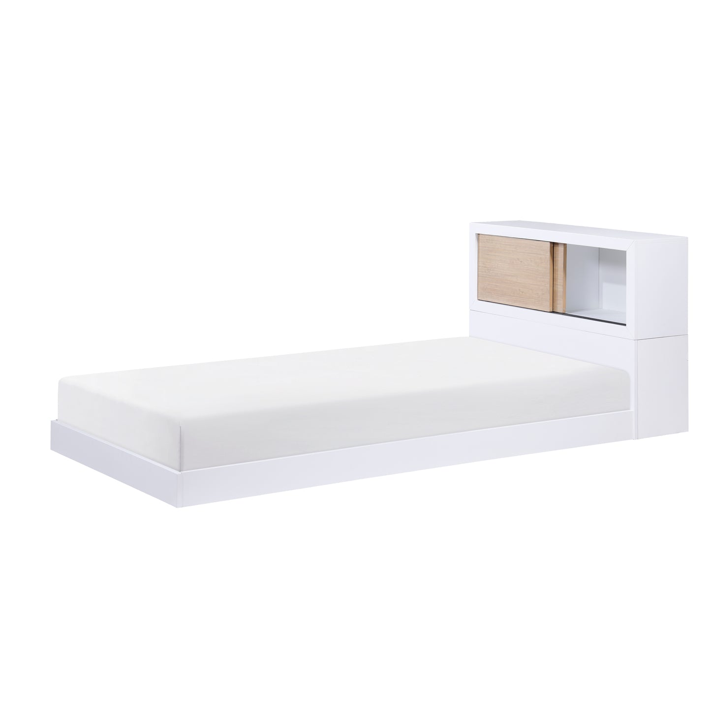 Space-Saving Twin Bed with Bookcase Headboard and USB Ports - White Finish