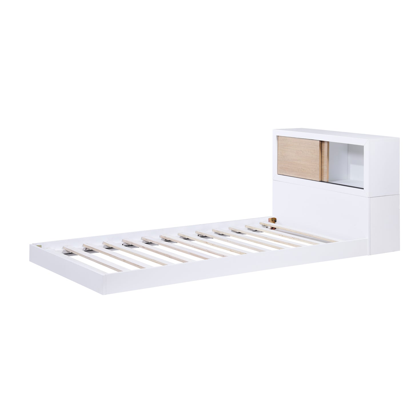Space-Saving Twin Bed with Bookcase Headboard and USB Ports - White Finish