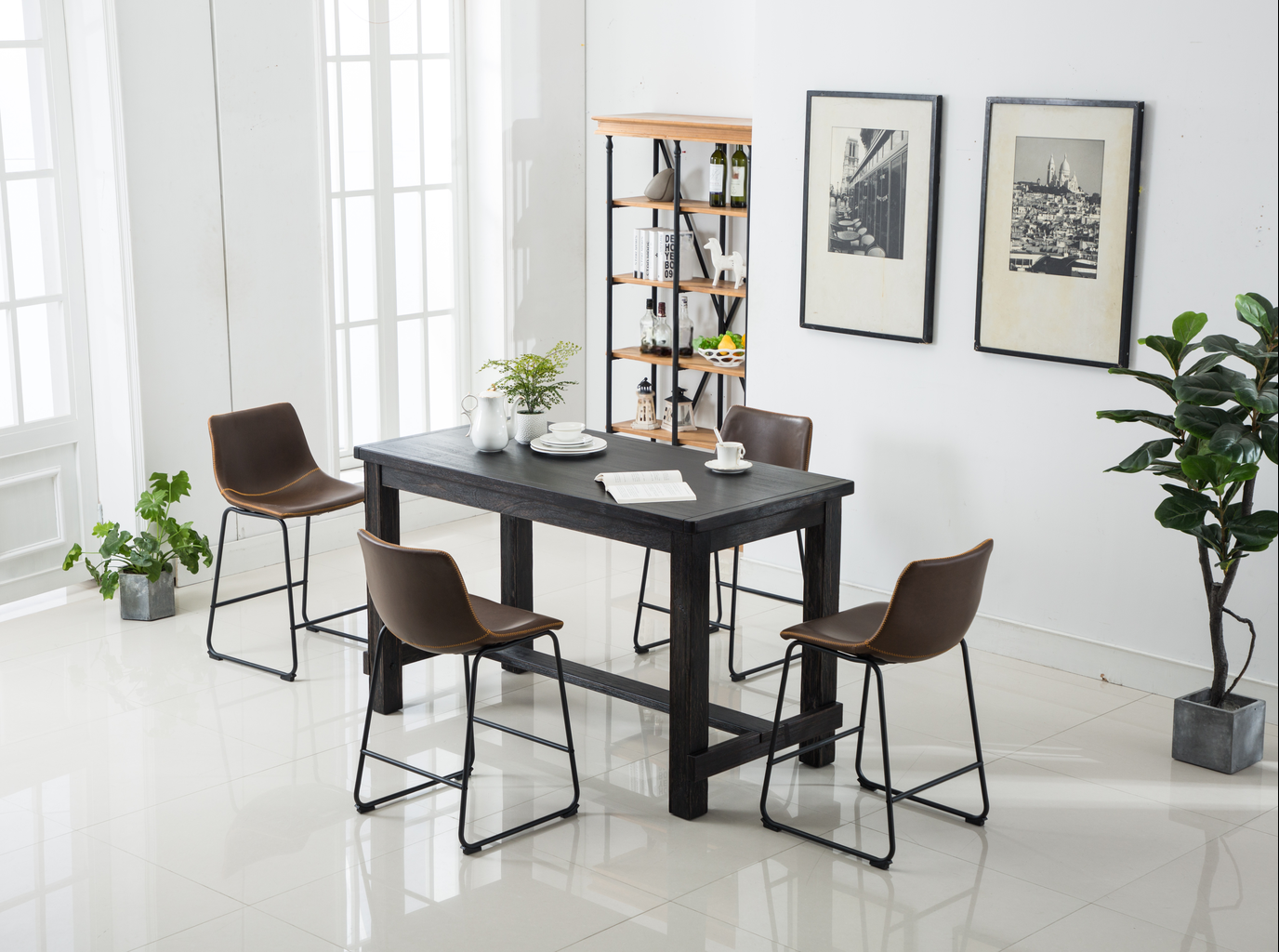 Dark wood counter height dining table with four brown faux leather stools
