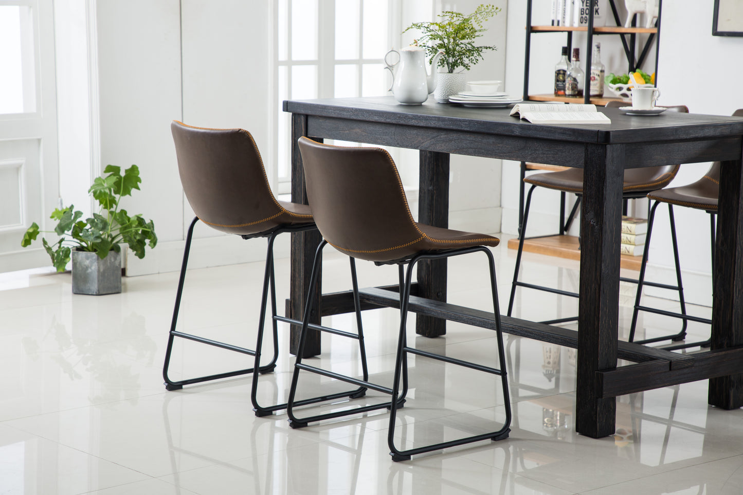 Brown faux leather bar stool with black metal legs