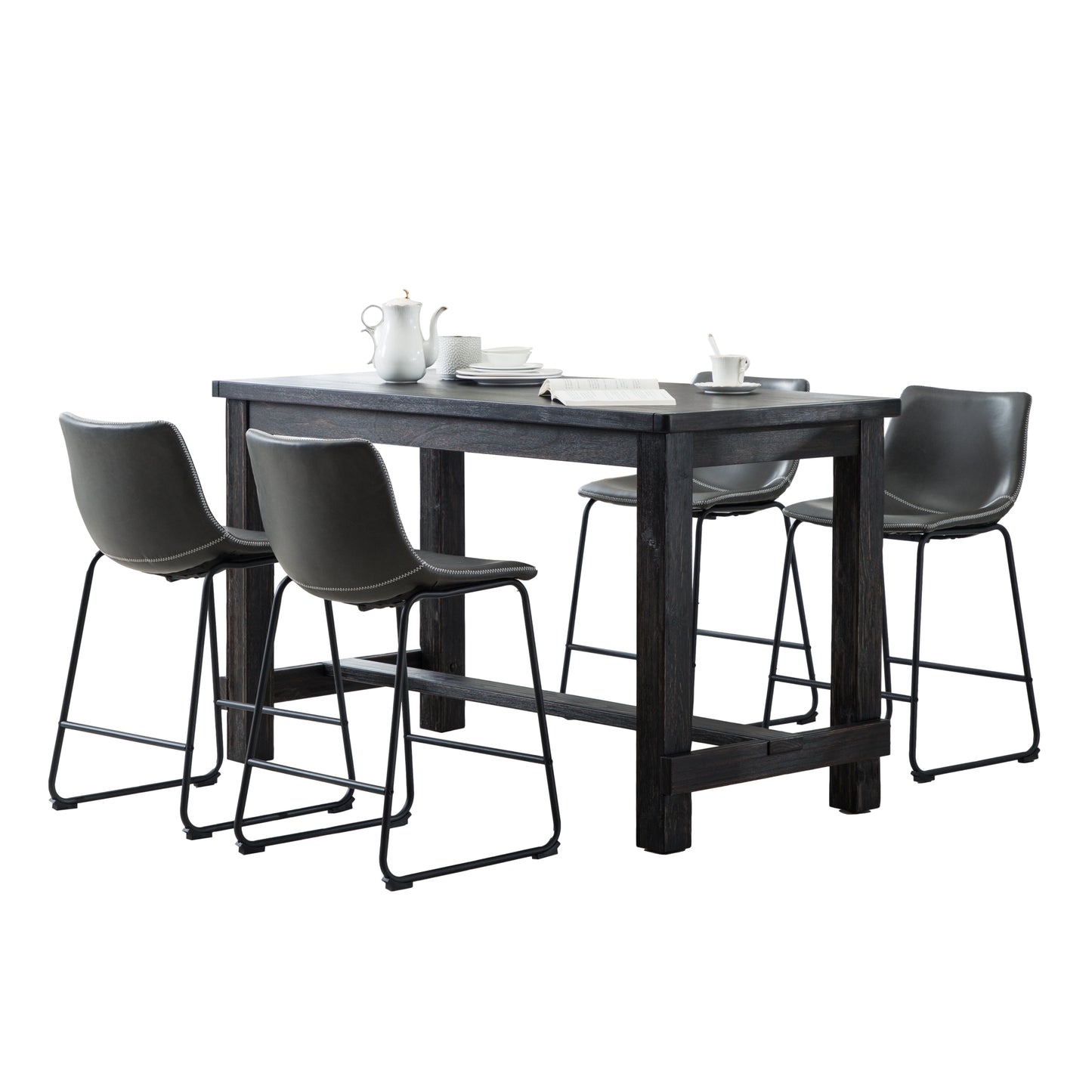 Dark wood counterheight dining table with four gray leatherette bar stools with white stitching