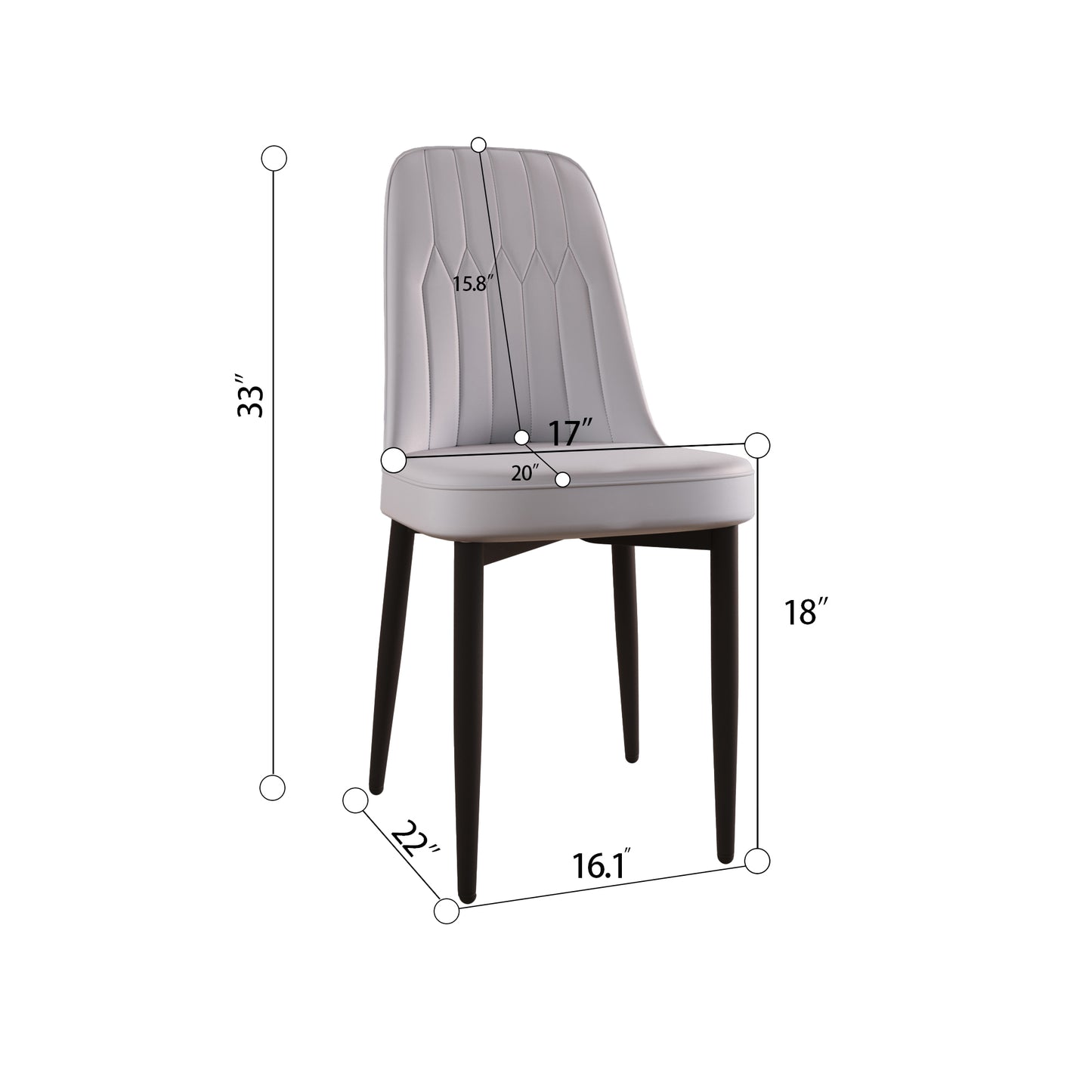 Gray upholstered dining chair with diamond stitching detail and black tapered legs