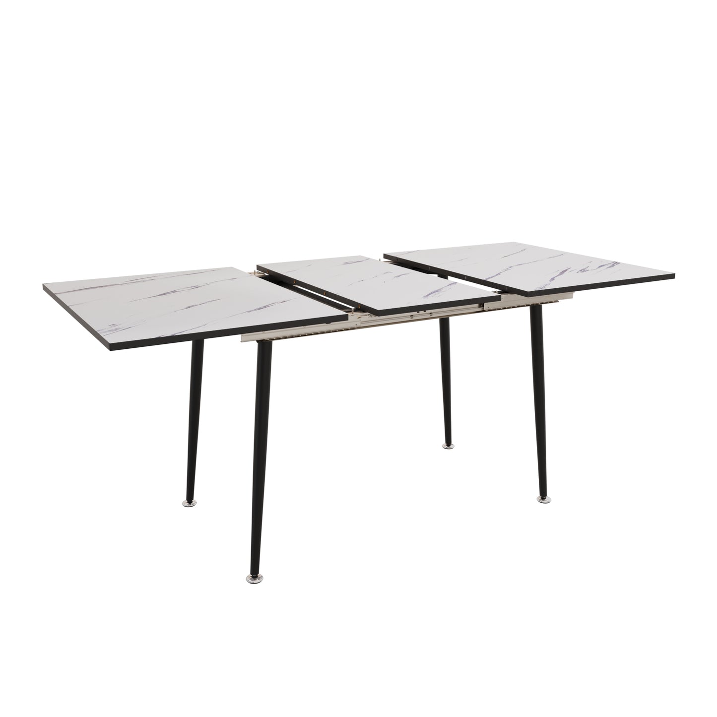 White marble dining table with black tapered legs and extending leaves