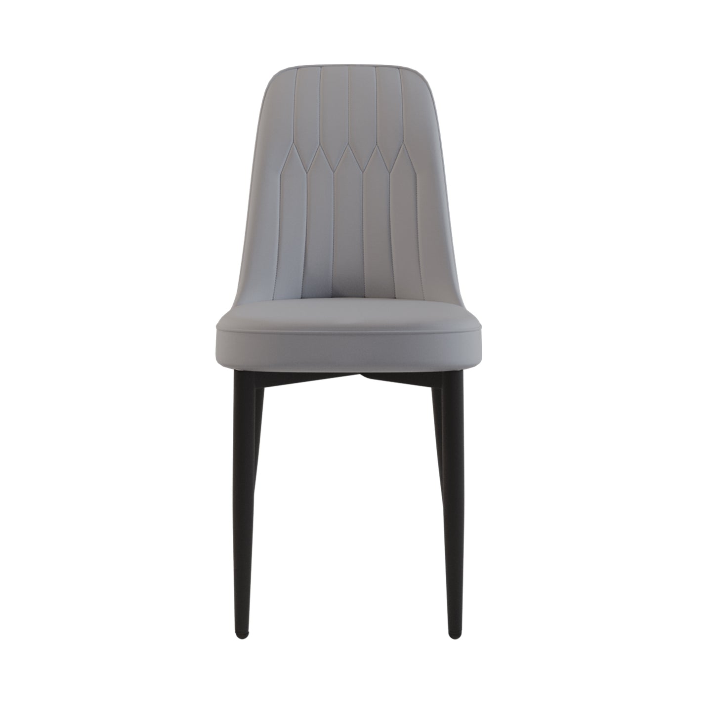 Gray upholstered dining chair with channel stitching detail and black tapered legs