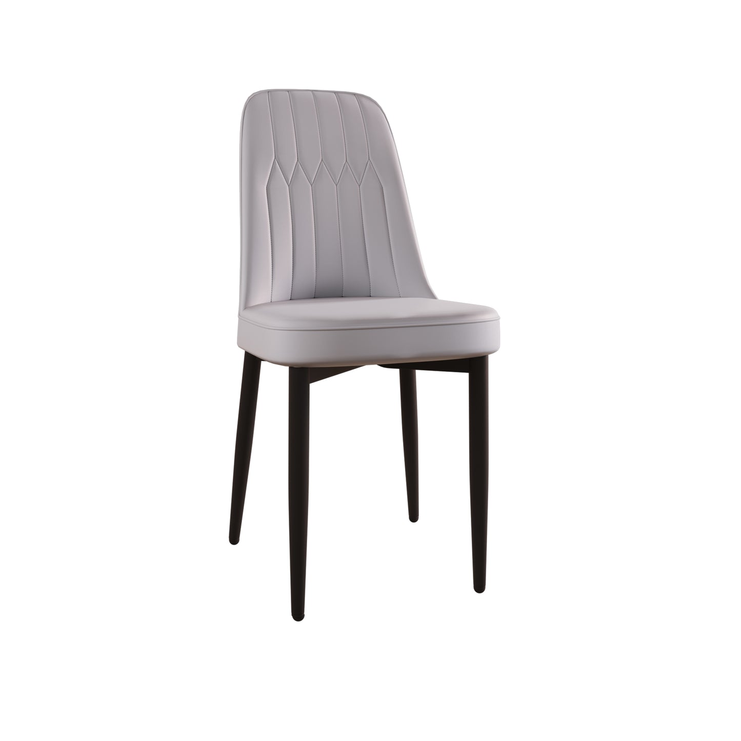 Light gray upholstered dining chair with quilted back and dark wood legs