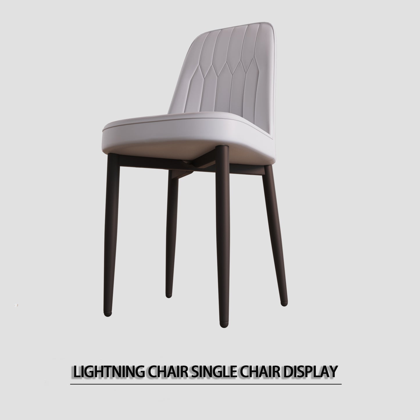 Light gray padded dining chair with diamond stitching on the backrest and dark tapered legs