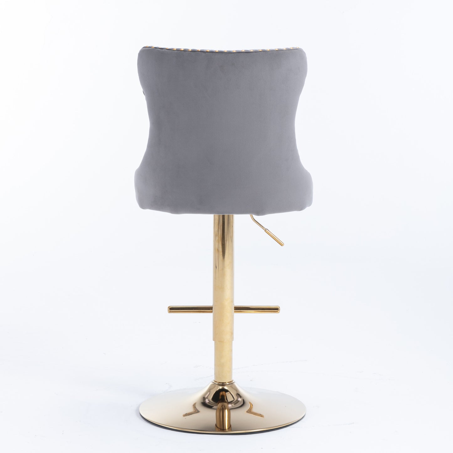 Grey velvet bar stool with gold base and adjustable height