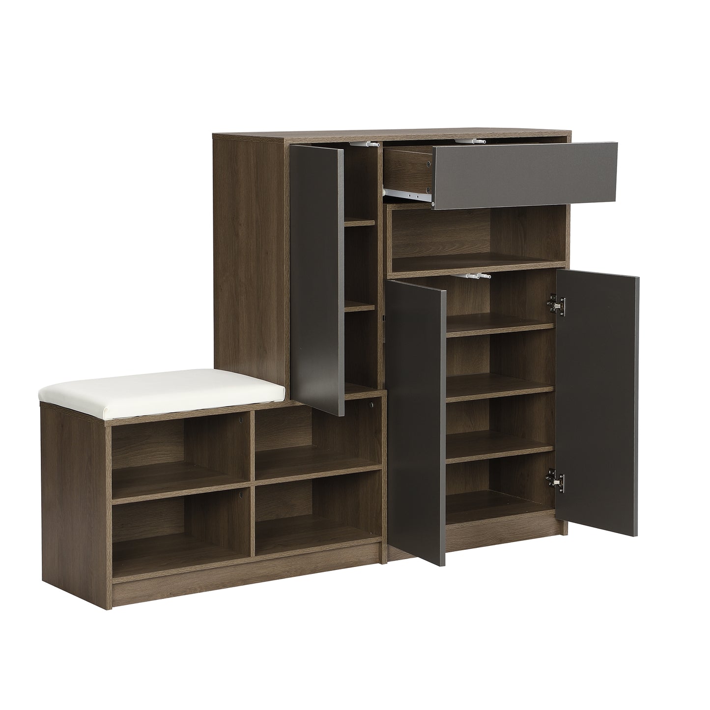 Modern entryway bench with brown wood shoe storage and white cushion
