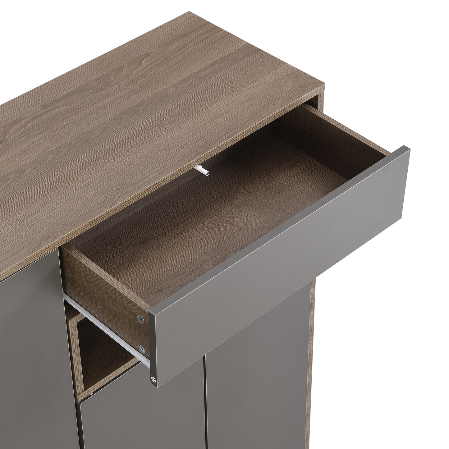 Modern grey cabinet with wood grain top and open drawer