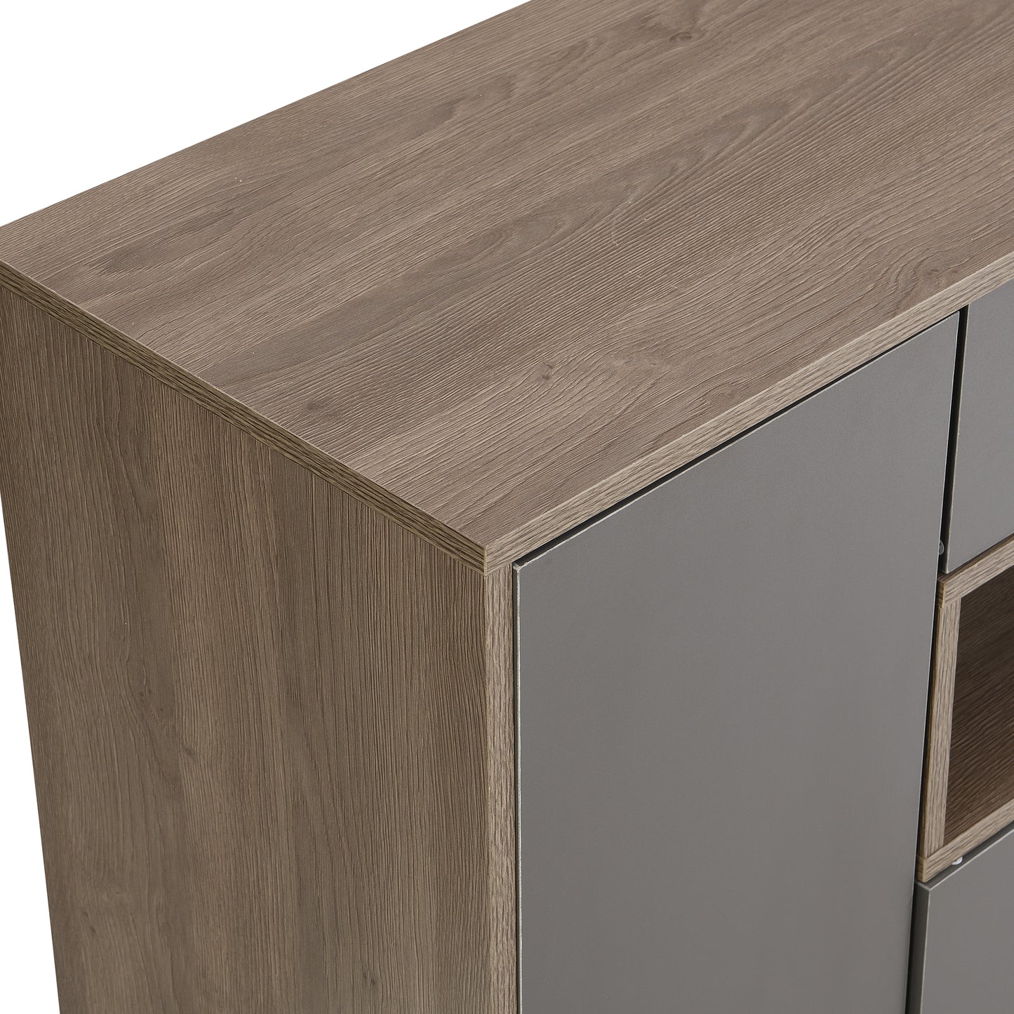 Modern sideboard with oak veneer top and grey matte finish doors
