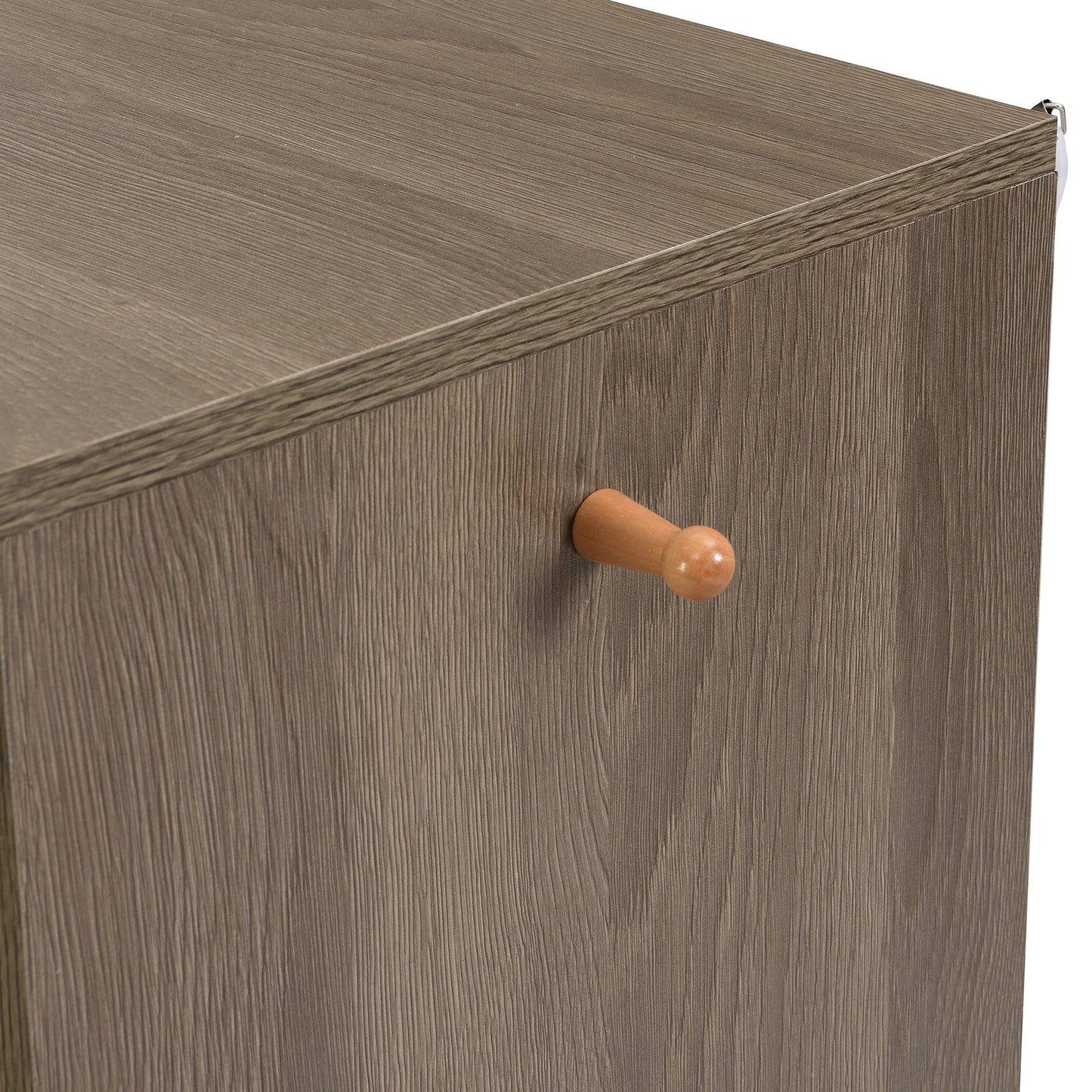 Brown wood grain cabinet door with wooden knob