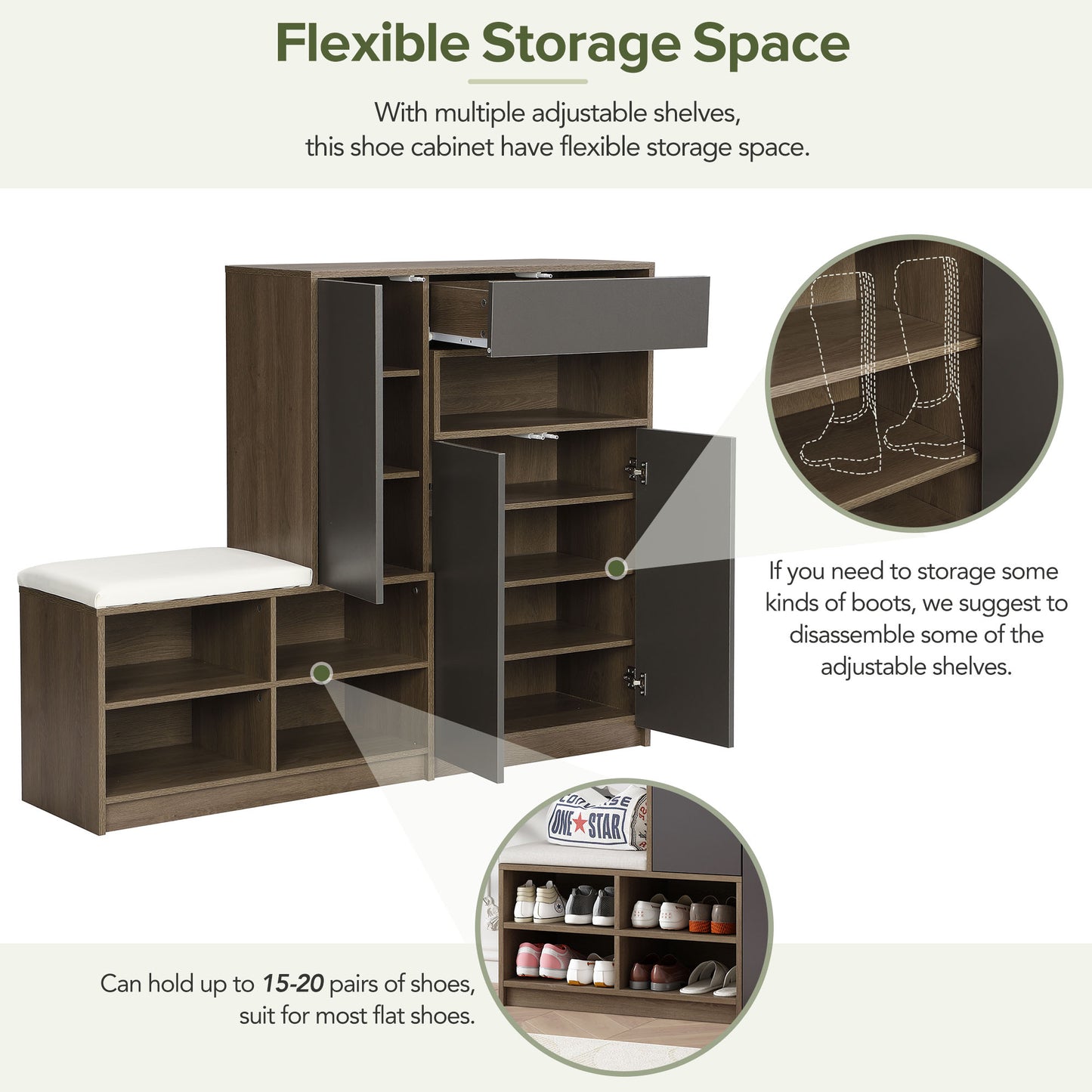 Dark wood shoe cabinet with white upholstered bench and open compartments