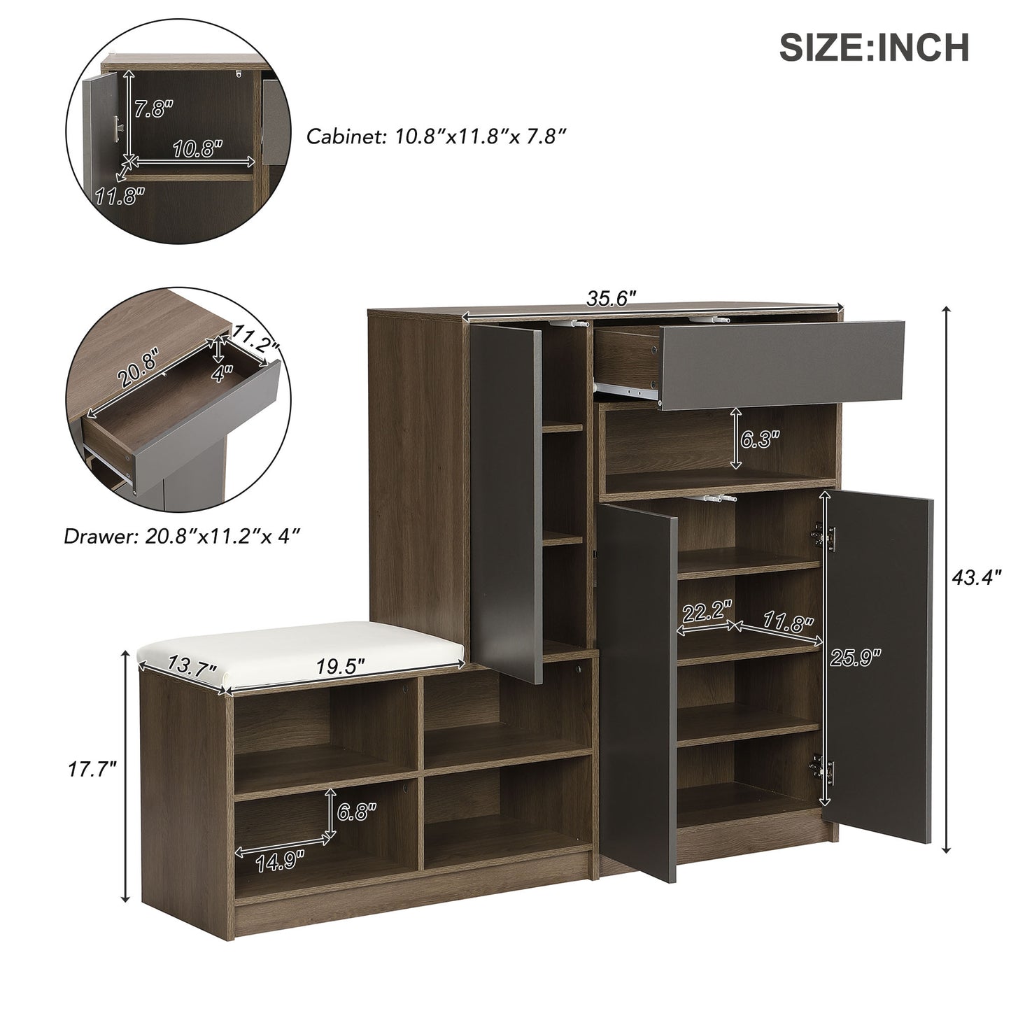 Modern shoe cabinet with white cushioned bench and multiple storage shelves