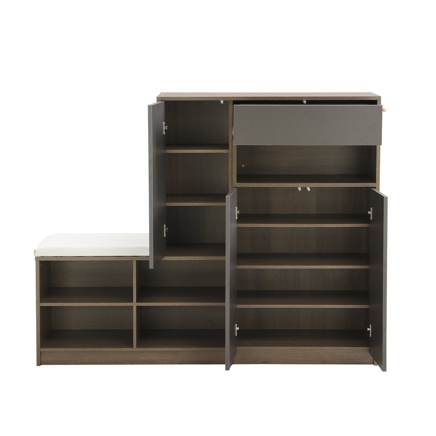 Modern grey and wood shoe cabinet with cushioned bench