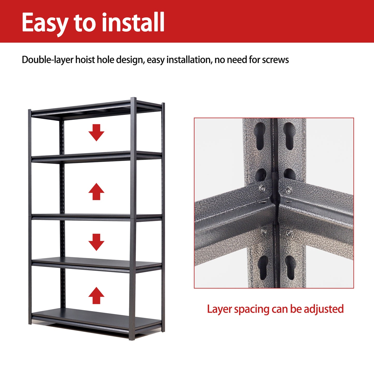 Dark grey metal shelving unit with five adjustable shelves
