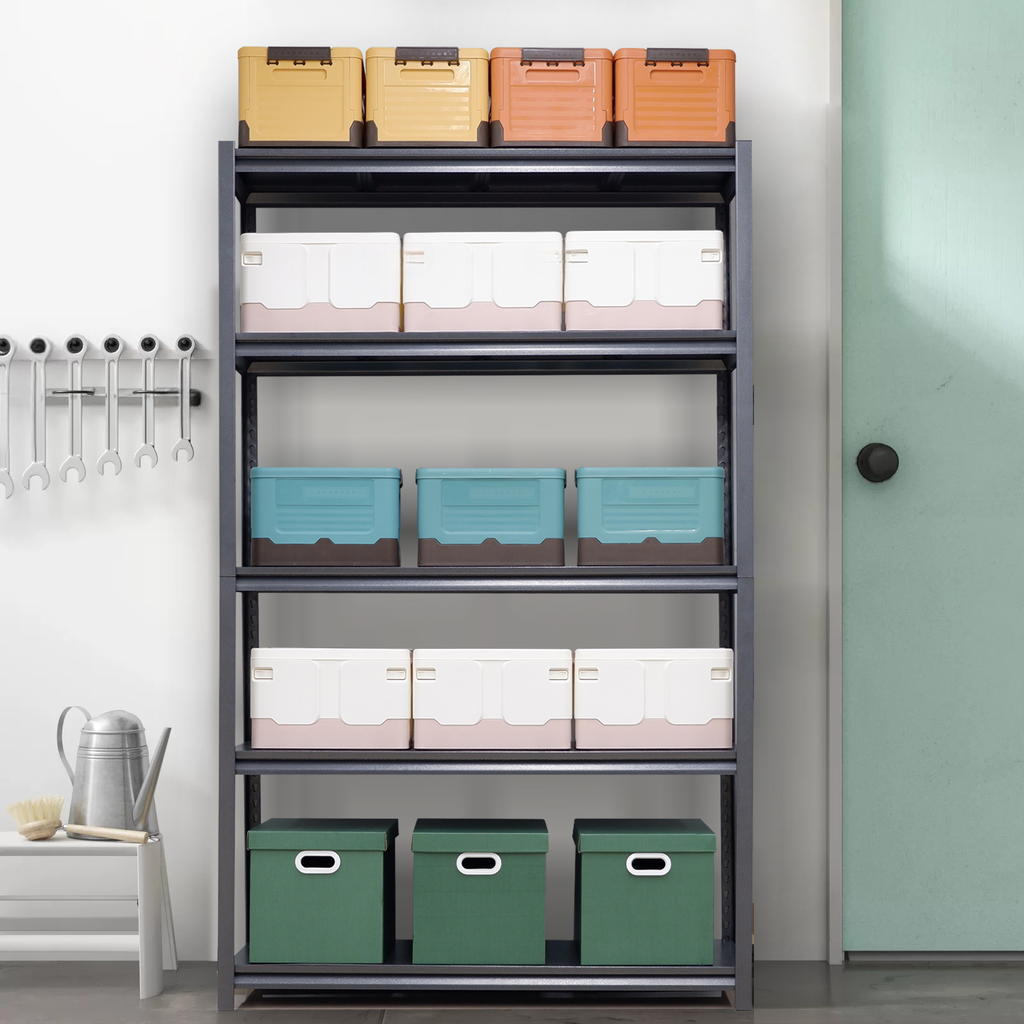 Yellow and orange folding storage bins on a metal shelf