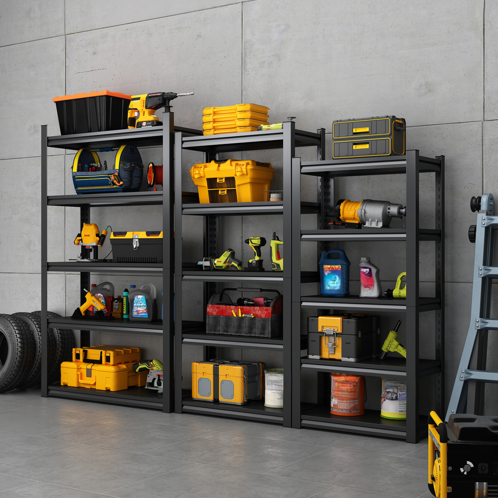 Yellow and black cordless drill on shelf