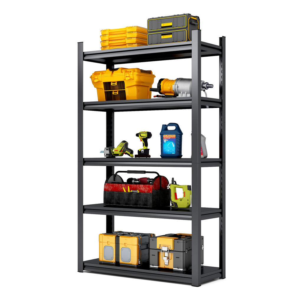 Grey tier storage rack with yellow and black toolboxes