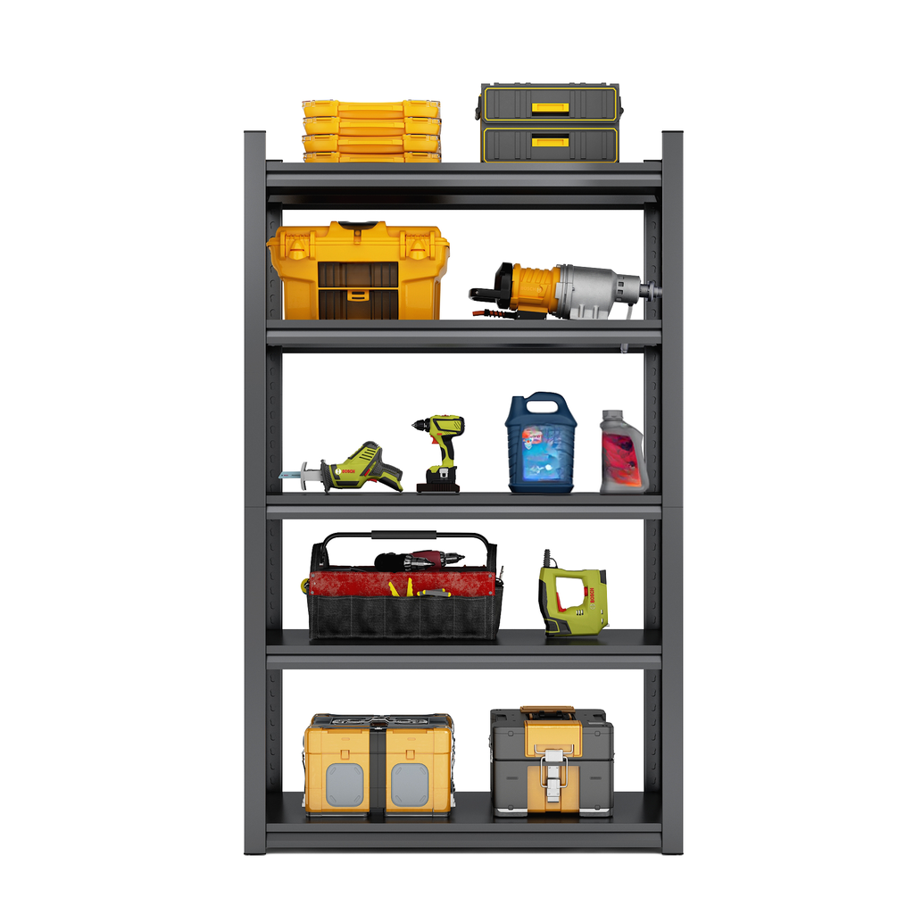 Yellow plastic tool boxes stacked on a grey metal shelf