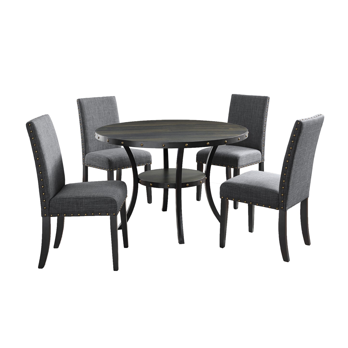 Round wood dining table with four grey upholstered chairs
