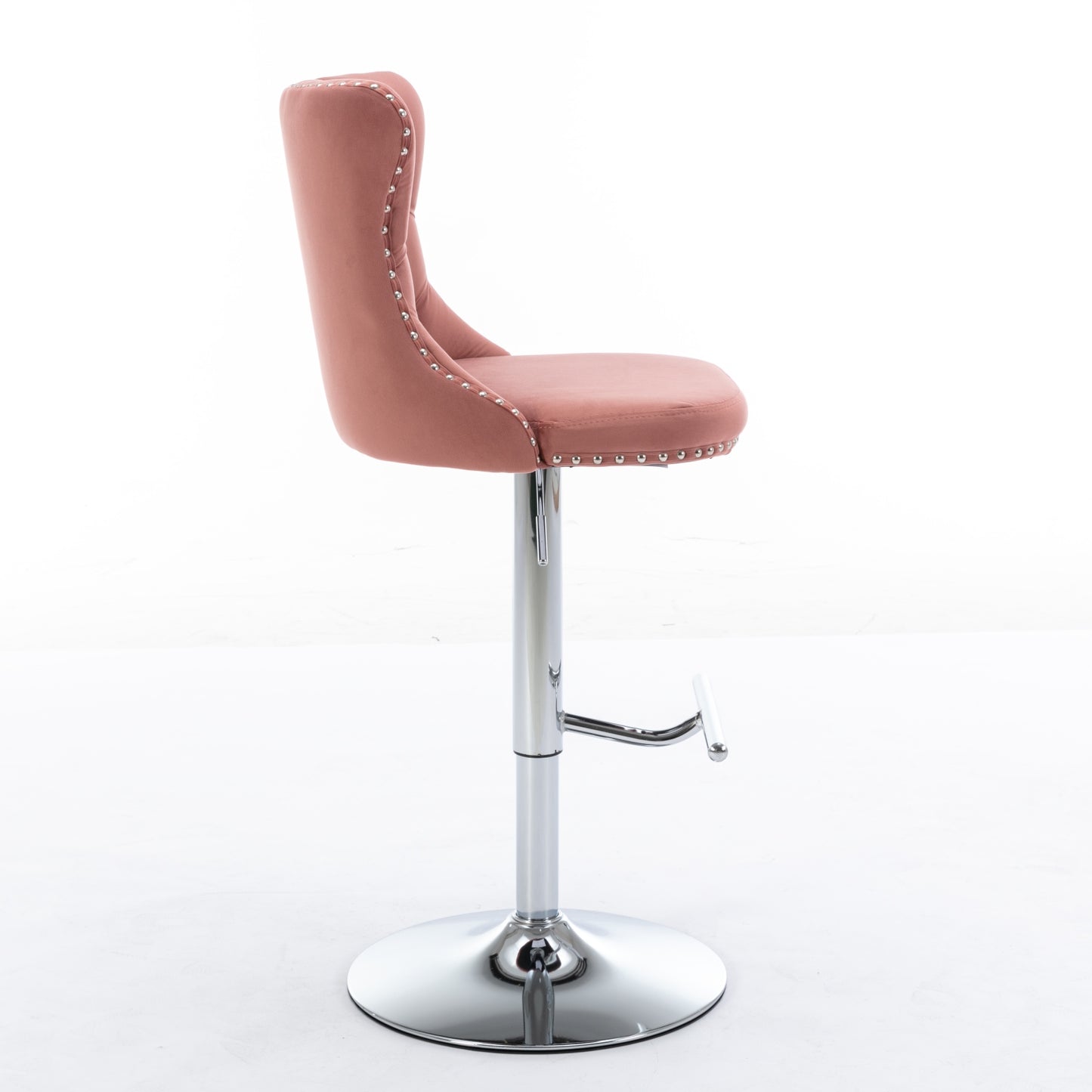 Dusty rose velvet bar stool with silver nailhead trim and chrome base