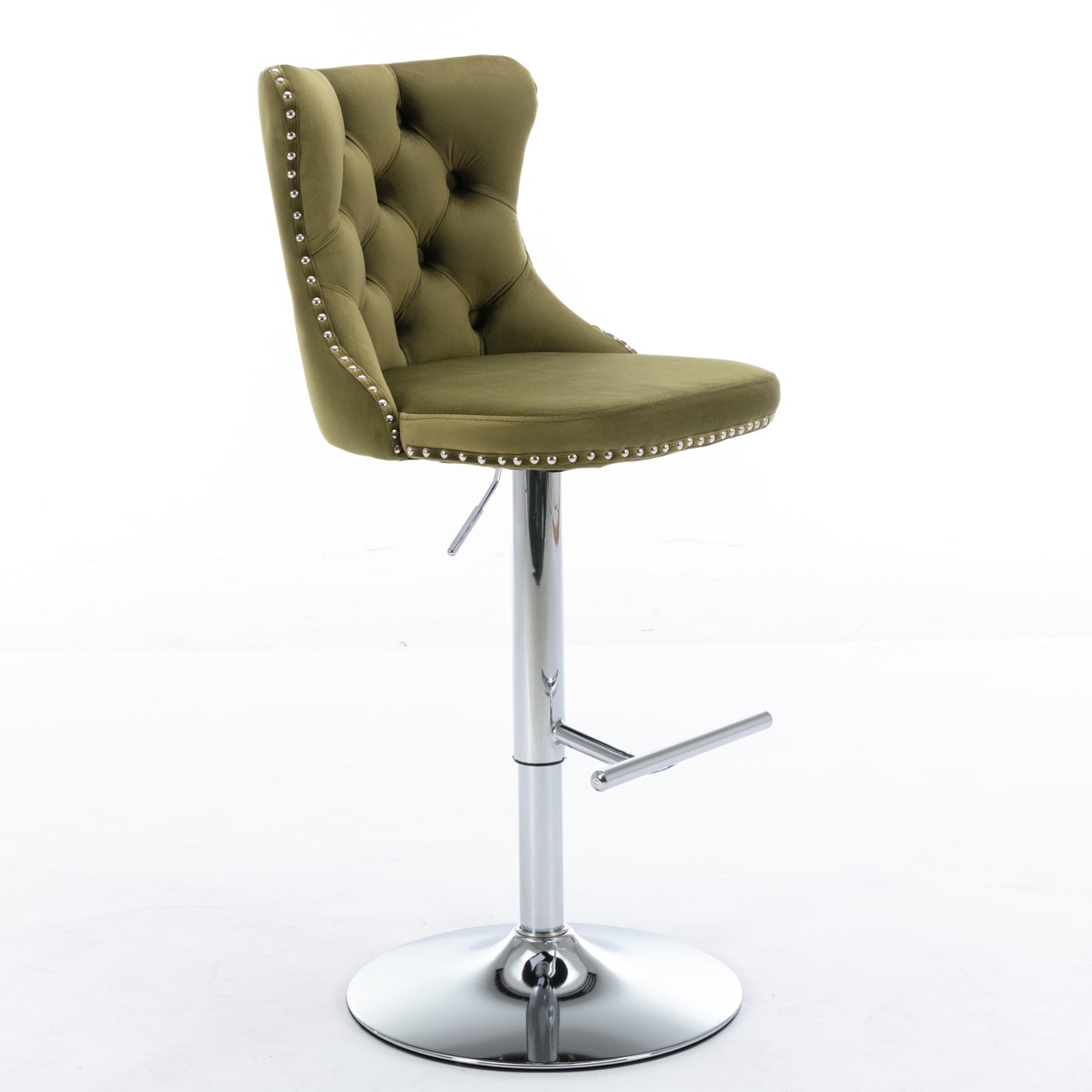 Olive green velvet tufted bar stool with silver nailhead trim