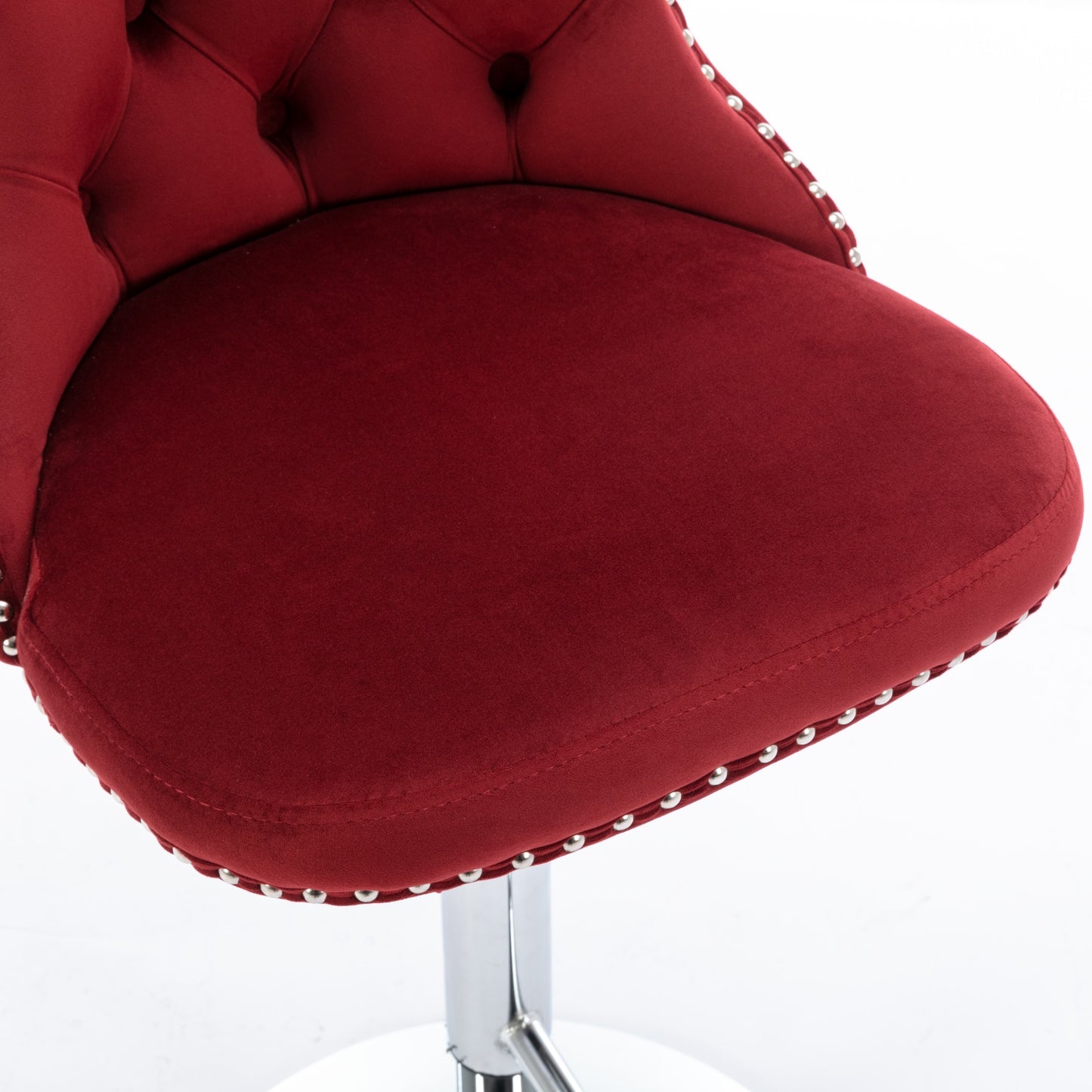 Burgundy velvet bar stool with tufted back and silver nailhead trim
