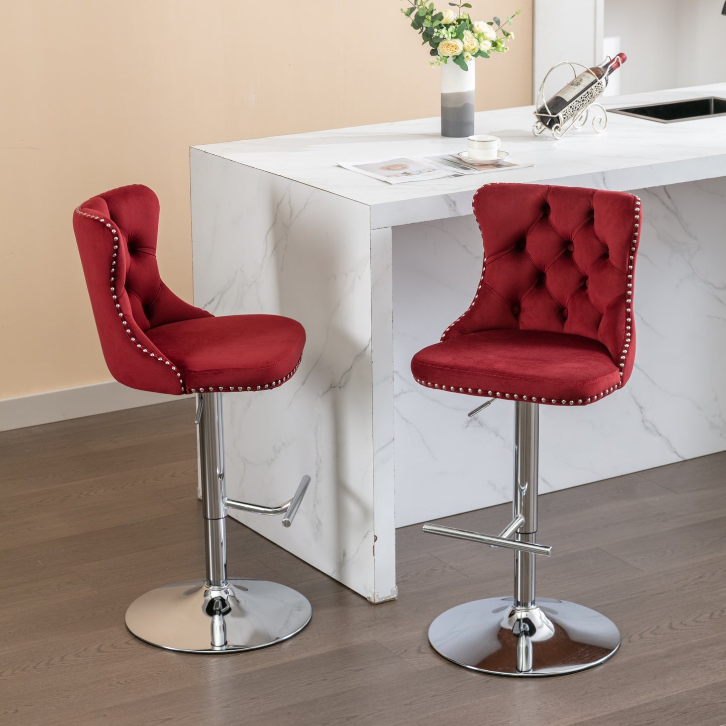 Elegant red velvet bar stool with tufted back and silver nailhead trim adjustable height for kitchen island seating
