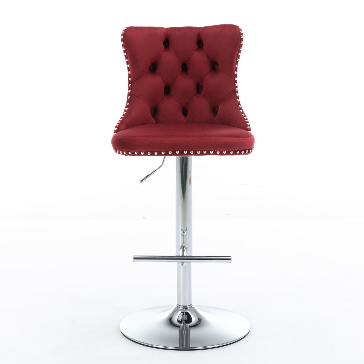 Red velvet tufted bar stool with silver nailhead trim