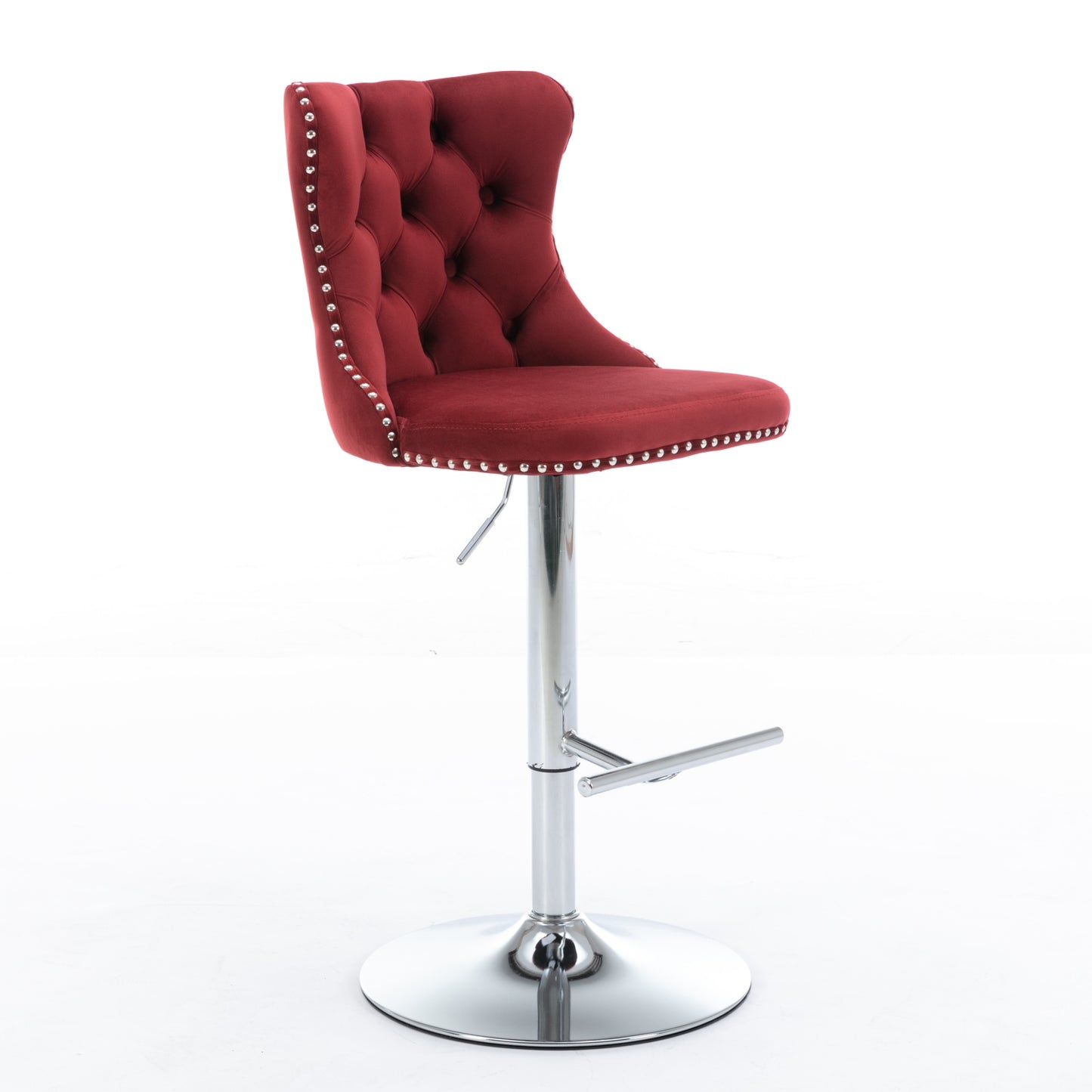Red velvet tufted bar stool with chrome base