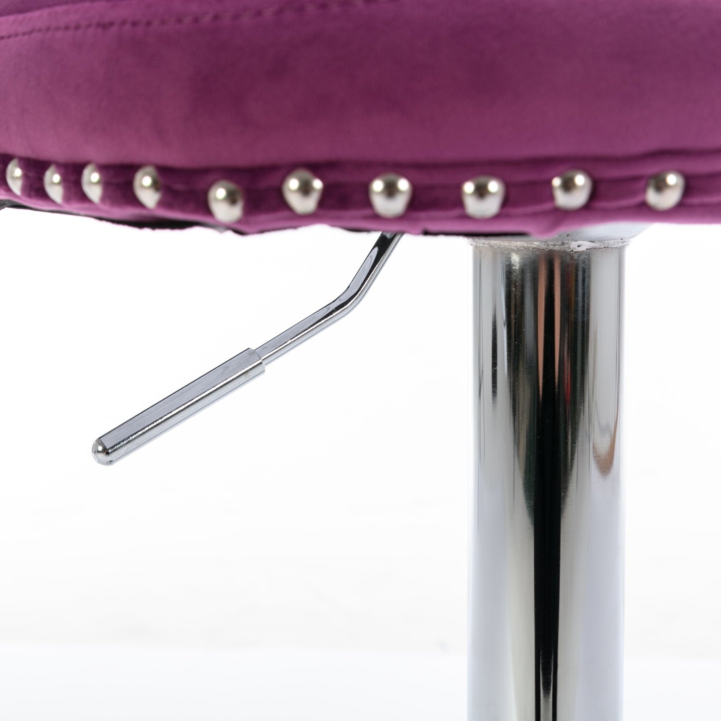 Plush purple velvet bar stool seat with chrome accents and lift lever