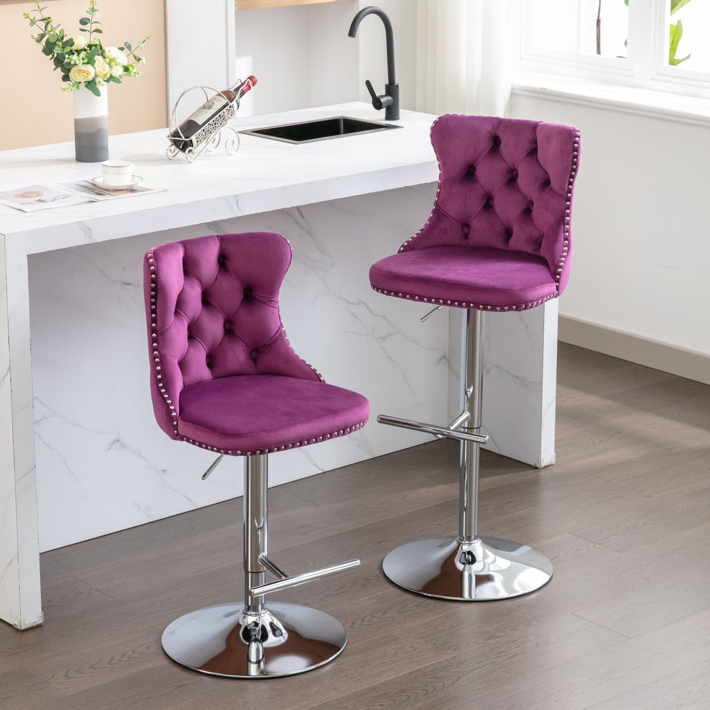 Plush purple velvet bar stool with tufted backrest and silver nailhead trim