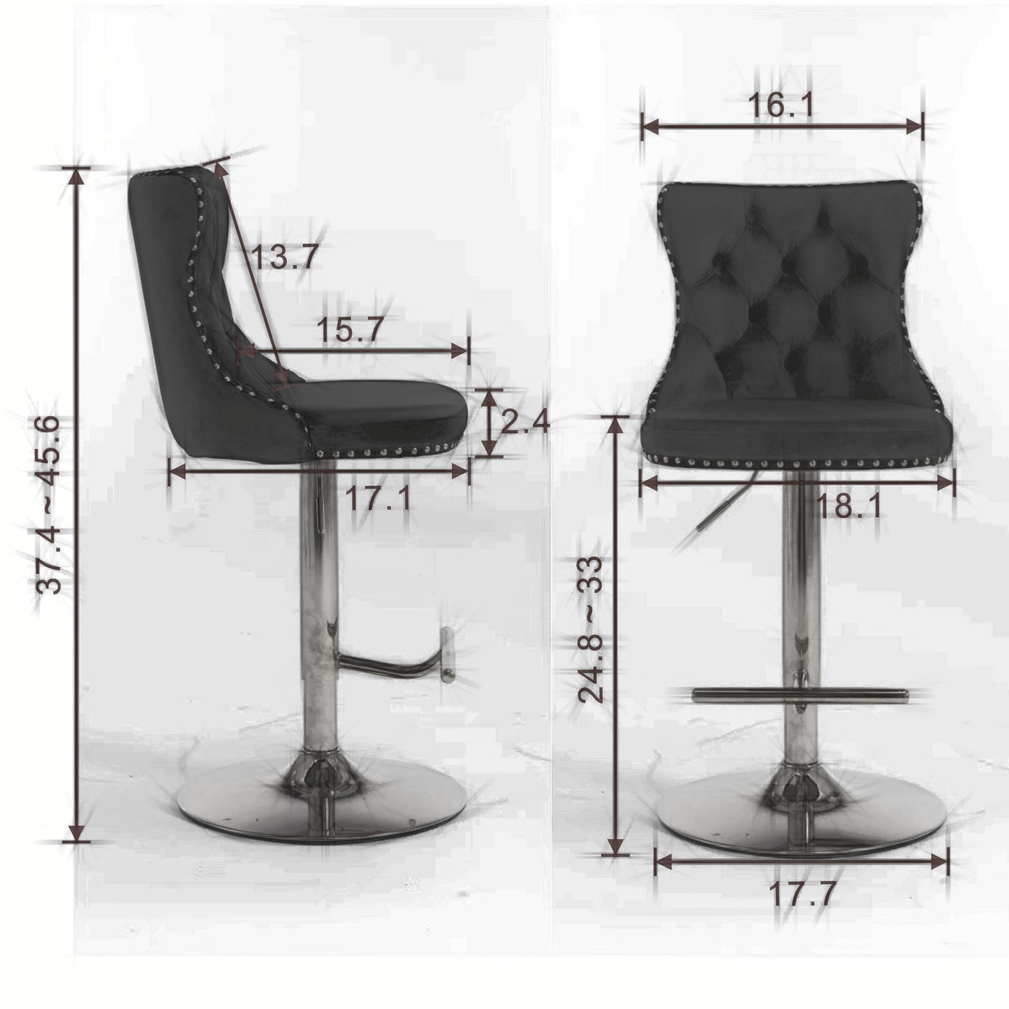Tufted dark grey velvet bar stool with studded trim and chrome base