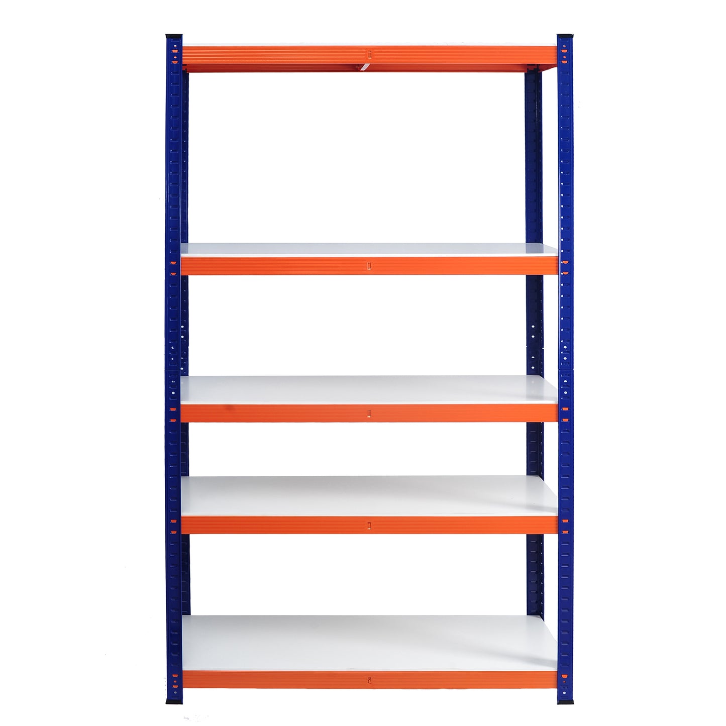 Blue and orange metal garage shelving unit with five white shelves ideal for storage