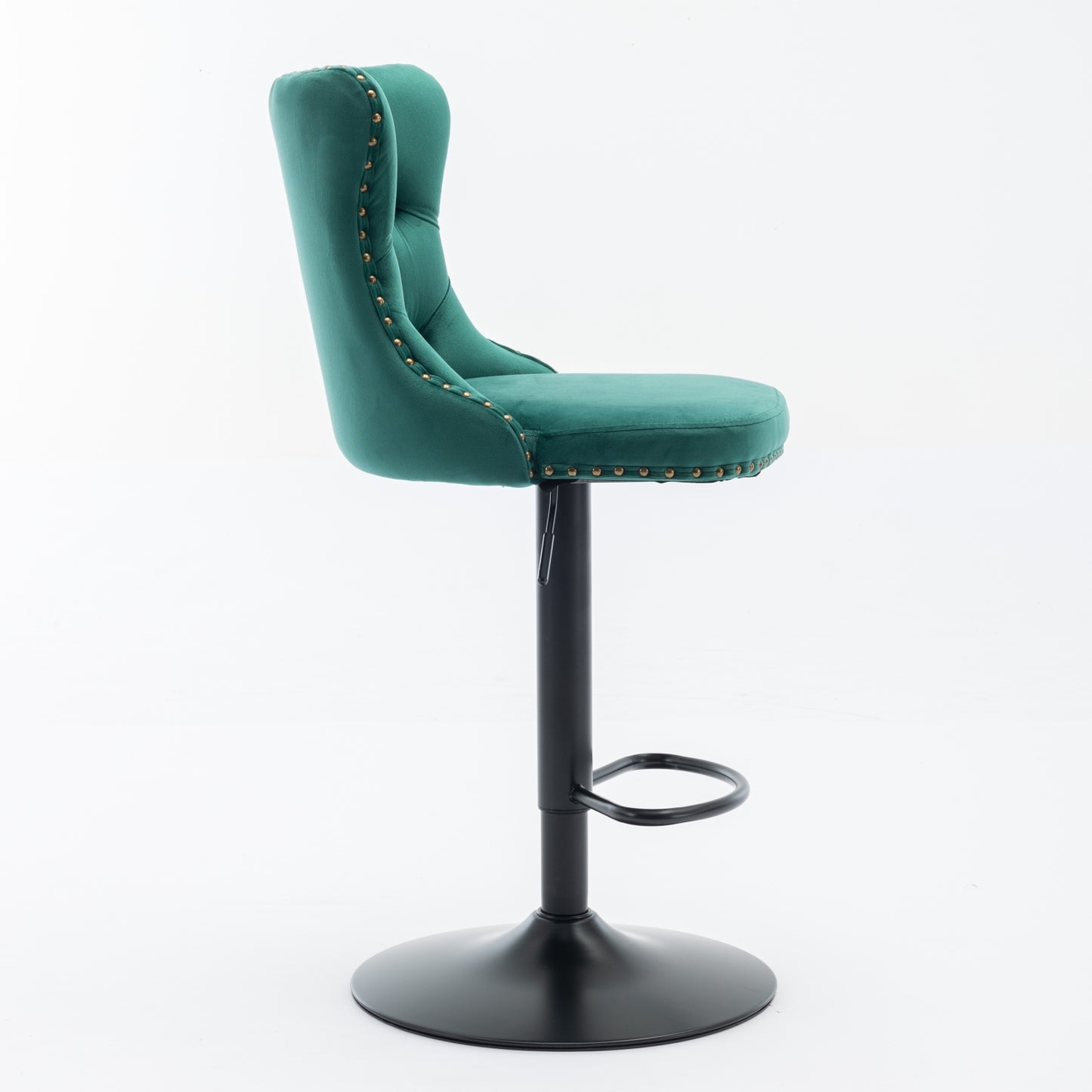 Green velvet bar stool with gold stud accents and black adjustable base